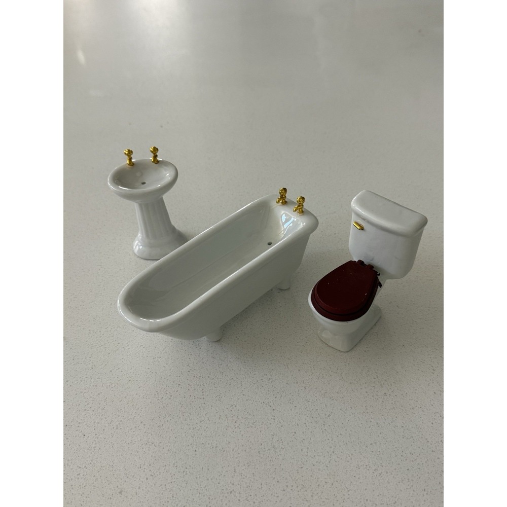Miniature Dollhouse 1:12‎ Scale - Bathroom Set White Gold Fixtures T5013